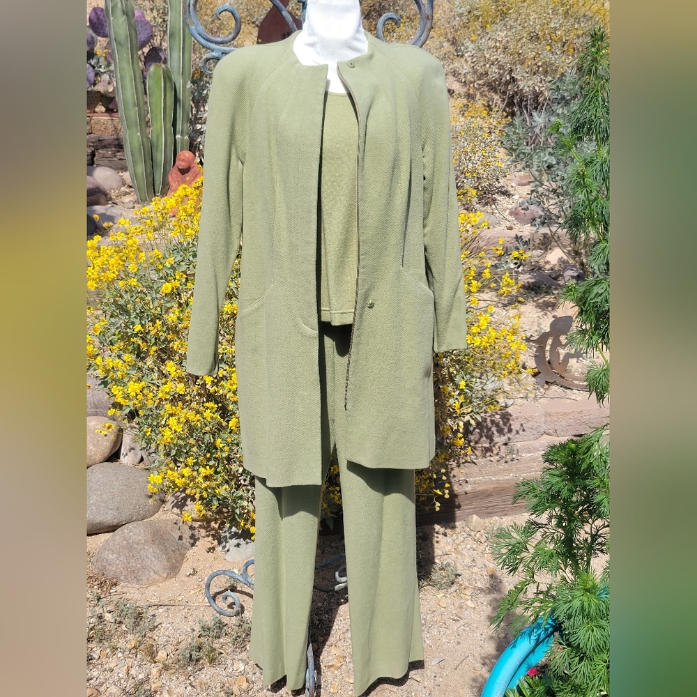 Soft Green Wool Jacket, Sweater, and Pants Set